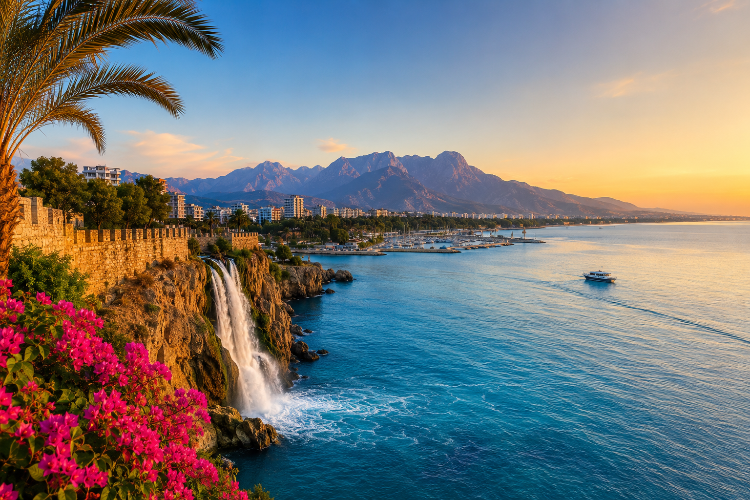 Panoramic view of Antalya coastline featuring Düden Waterfall, Kaleiçi, the Mediterranean Sea and the Taurus Mountains during sunset for COP31 Antalya hotel reservations.